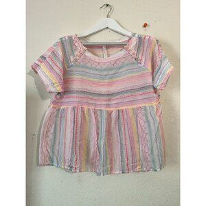 Anthropologie Womens Letty Embroidered Babydoll Blouse Small Pink Short Sleeve